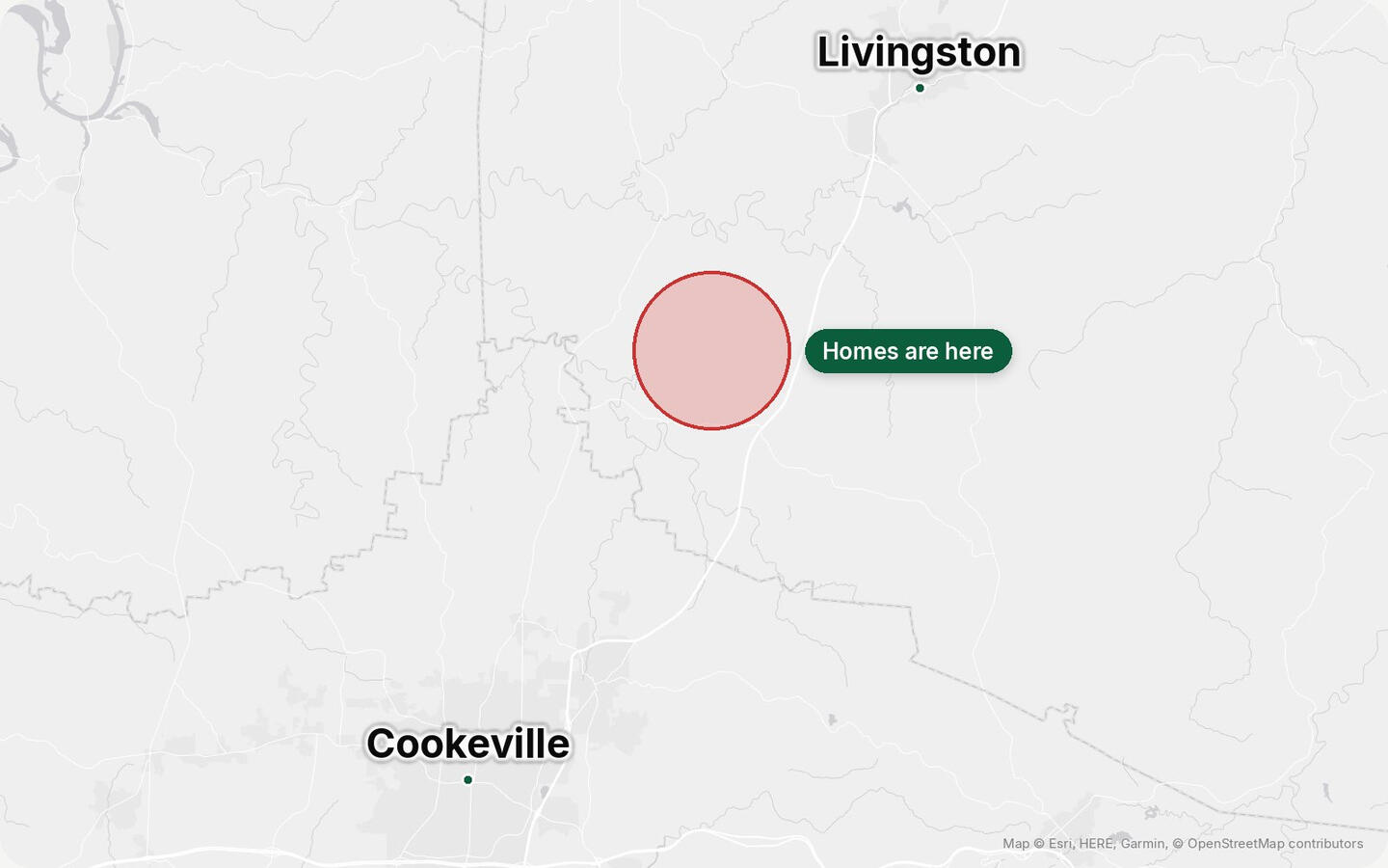 Map between Cookeville and Livingston, TN